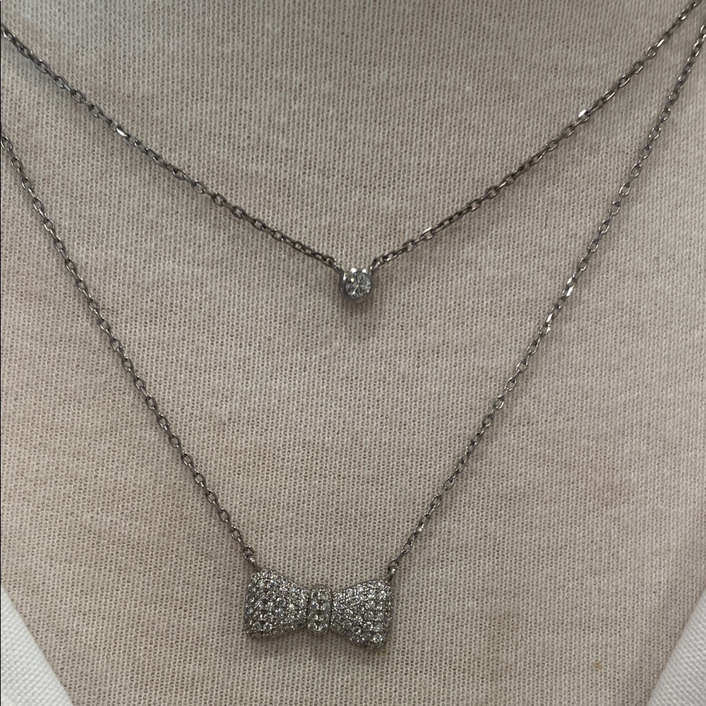 Chic Sterling Silver Bow Pendant,W/Sparkling CZ Necklace.NWT
